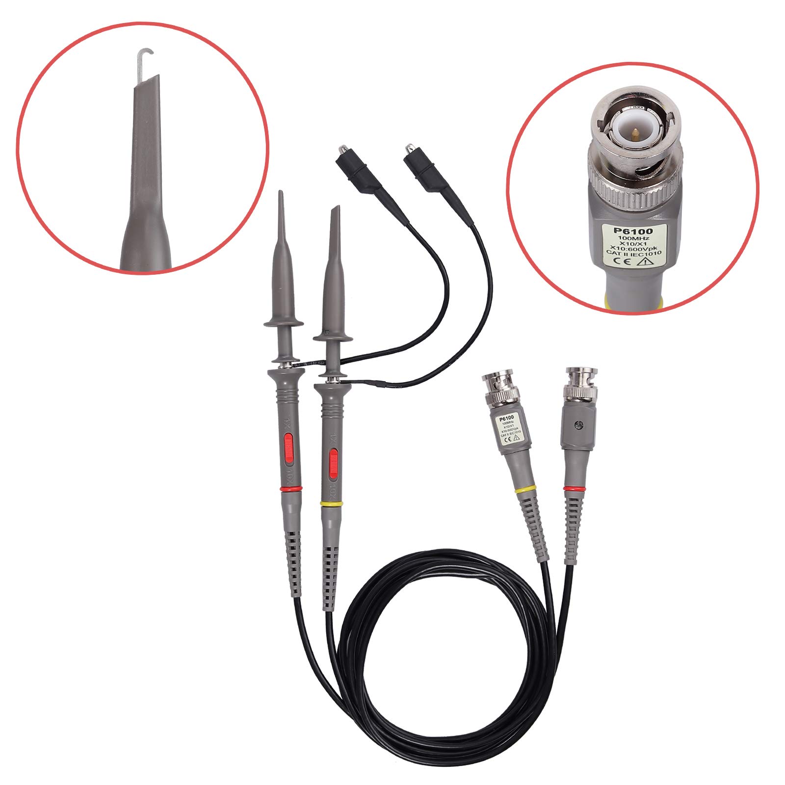 Proster BNC Messleitungen 2PCS P6100 100MHz Oszilloskop Messfühler mit BNC zu Minigrabber Messleitung Kit 10: 1 und 1: 1 Umschaltbarer Hochpräziser Scope Analyzer Alligator Messfühler Clip