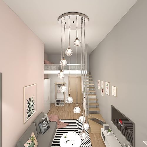 Miniatura 7 de Maxax 10 luces modernas para escaleras, lámparas de techo de cristal, grandes para techos altos, entrada, moderna lámpara de 67 pulgadas de alto con