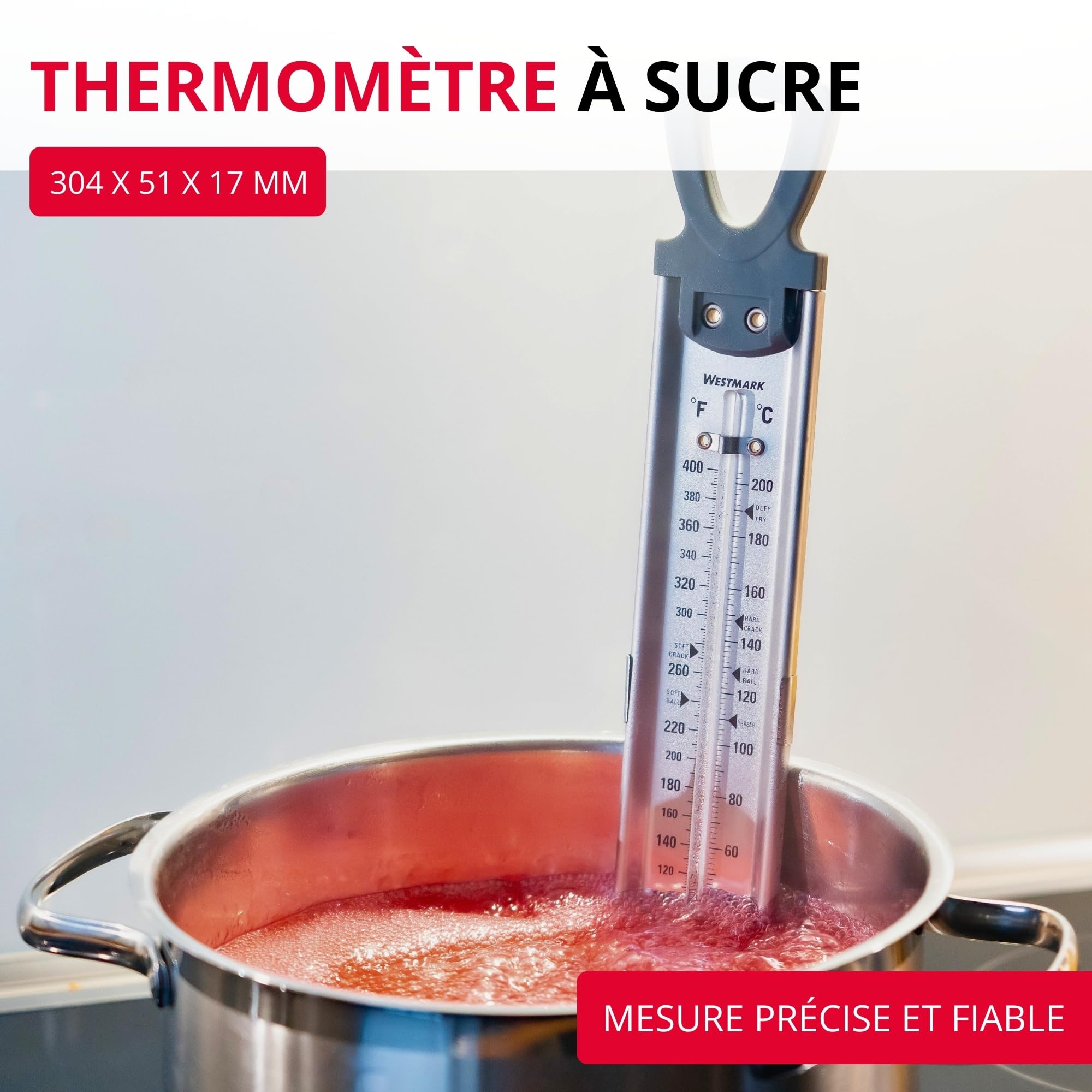 Westmark Thermomètre à Sucre Inox, 1 Pièce, Aide Confitures Fruits, Cadre Acier Inoxydable Pince Ajustable, Tube Verre Robuste