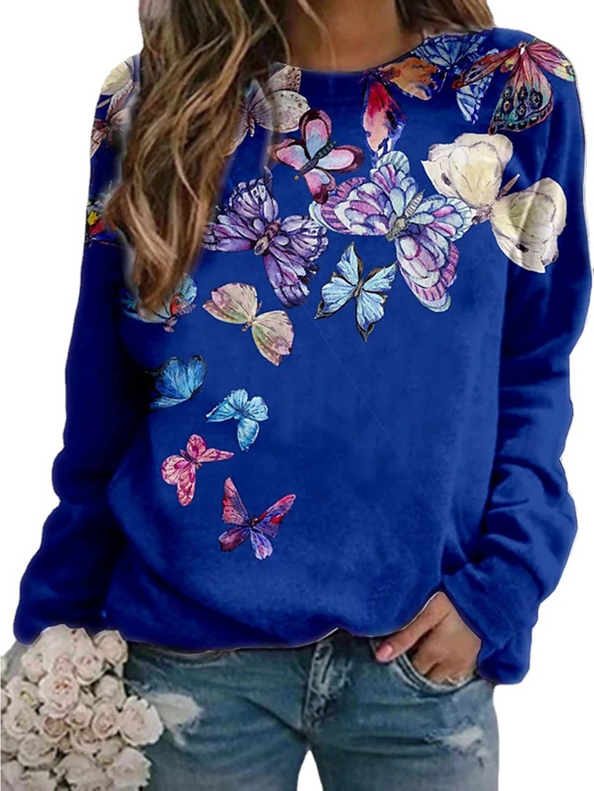 Keepmore Women's #7 Butterfly Print Sweatshirt Round Neck Long Sleeve Tops Blouse Jumpers Shirts