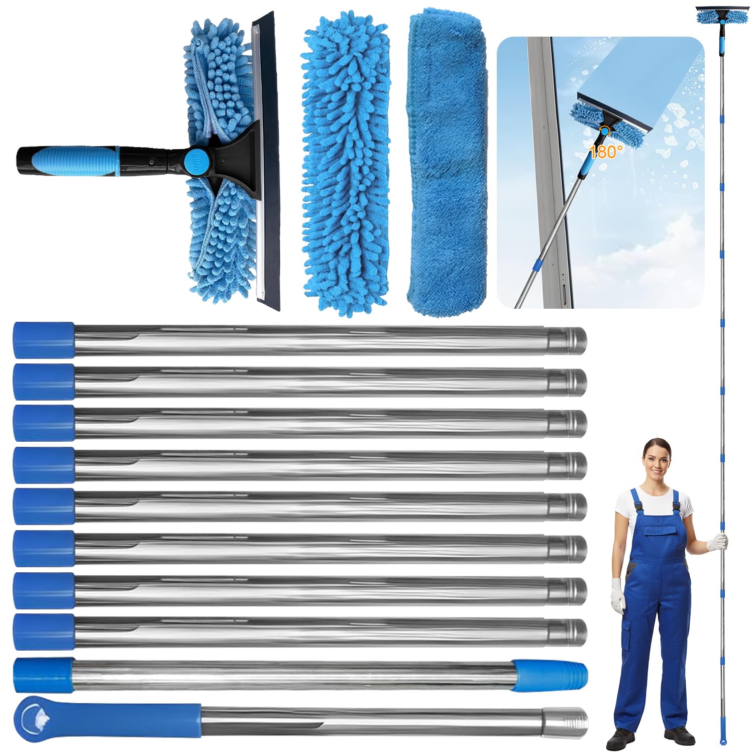 Duscdesp Window Cleaning Equipment,14.7Ft(4.5M) Shower Squeegee Kit with Extendable Pole,Telescopic Window Cleaner for Wall,Home,Car,Shower Glass(Blue)