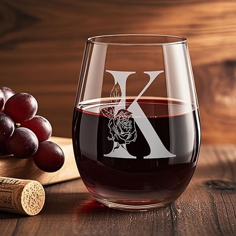 Personalized Gifts for Women Wine Glass, Initial Engraved Customized Gift Monogrammed A-Z Stemless Wine Glass 18 OZ, Christmas Anniversary Birthday Gifts for Women Mom Grandma Friend Sister Wife (K)