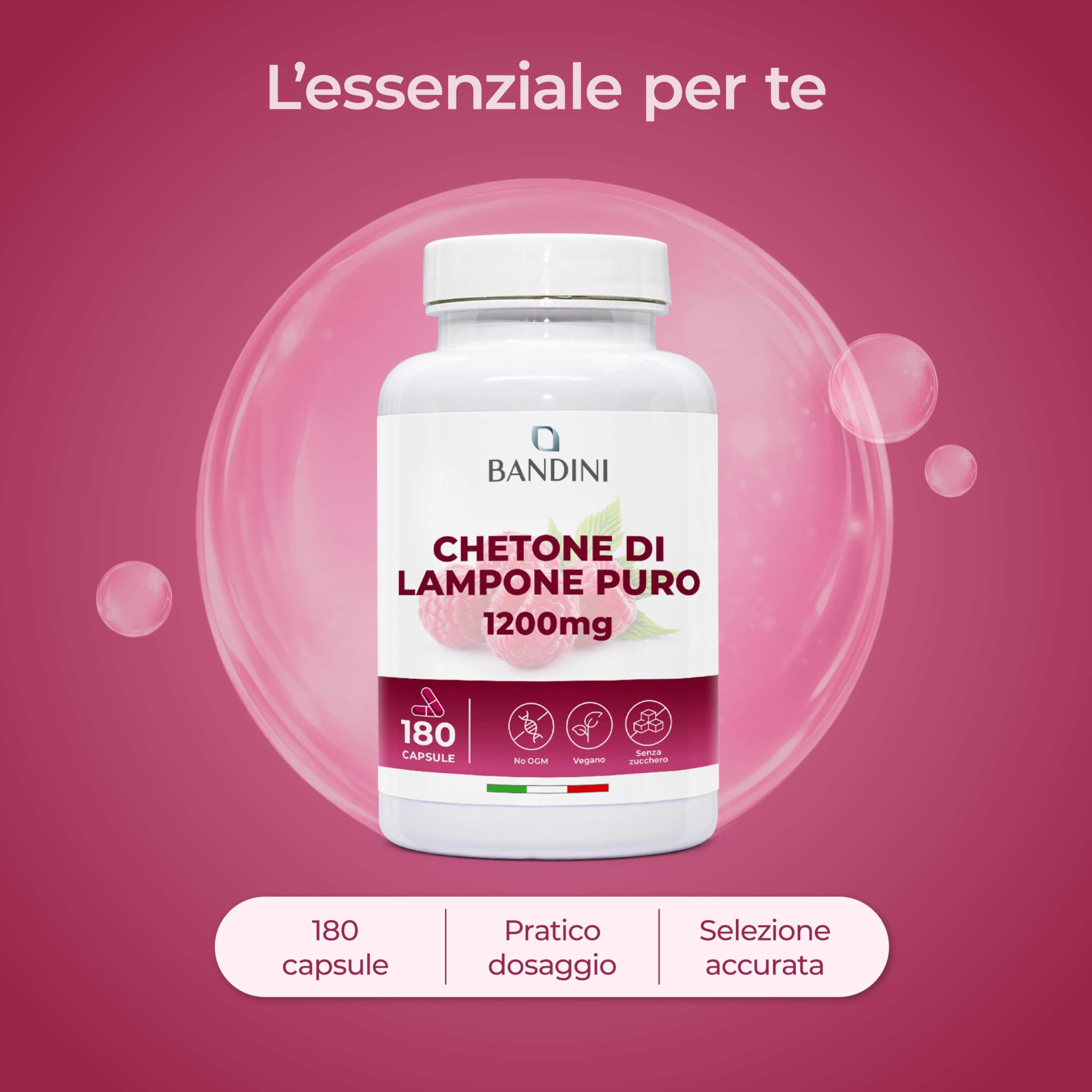 Bandini® Chetone di Lampone Puro 1200mg - Integratore Vegano con 180 Capsule per 6 Mesi - Vegan, Facile da Deglutire - Ideale per Dieta Keto, Low Carb e Stili di Vita Equilibrati