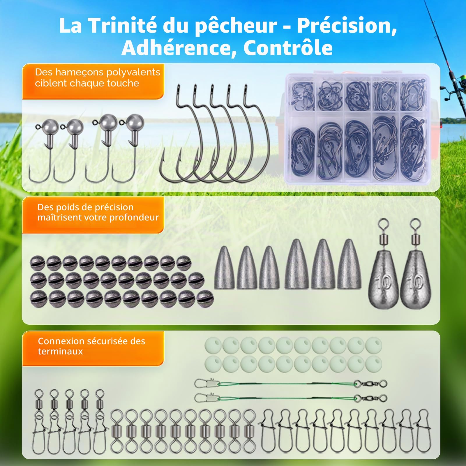 Lot de 314 accessoires de pêche avec boîte à appâts, kit d'appâts de pêche et kit d'outils avec clips à lèvres, extracteur d'hameçon, cuillère, cuillère, spinner, jigs, équipement de pêche pour