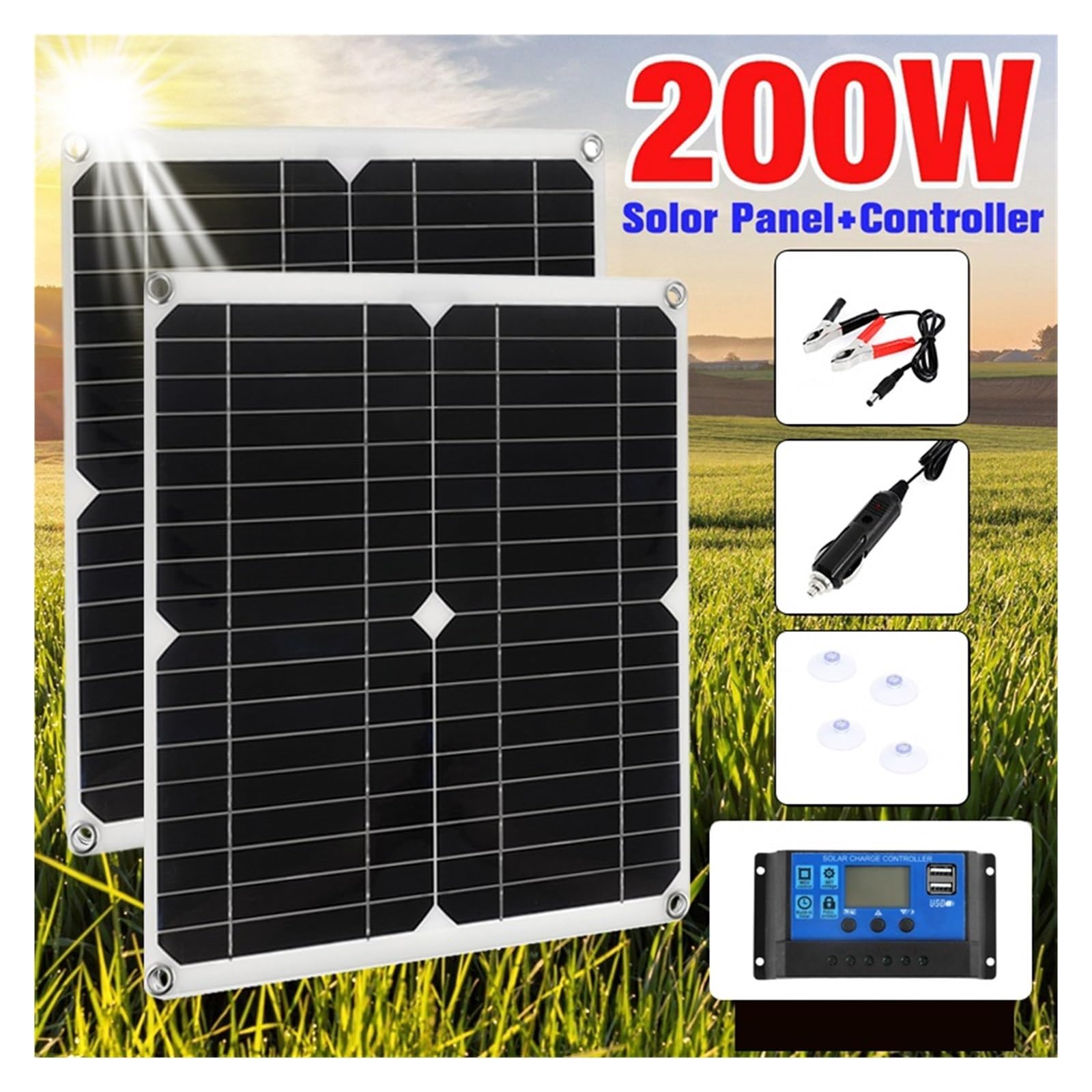 200W zestaw paneli słonecznych z kontrolerem przenośna ładowarka słoneczna do akumulatora bankowego samochód kempingowy łódź RV płyta słoneczna(200W 30A Controller)