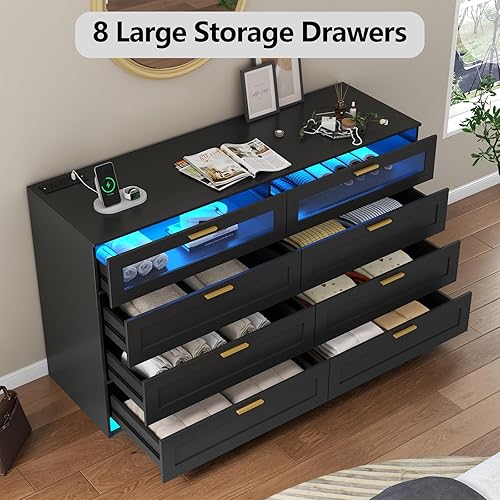 Miniatura 5 de Cómoda con 8 cajones con estación de carga, cómoda blanca para dormitorio con luces LED, cómoda moderna para armario, organizador de cómodas dobles