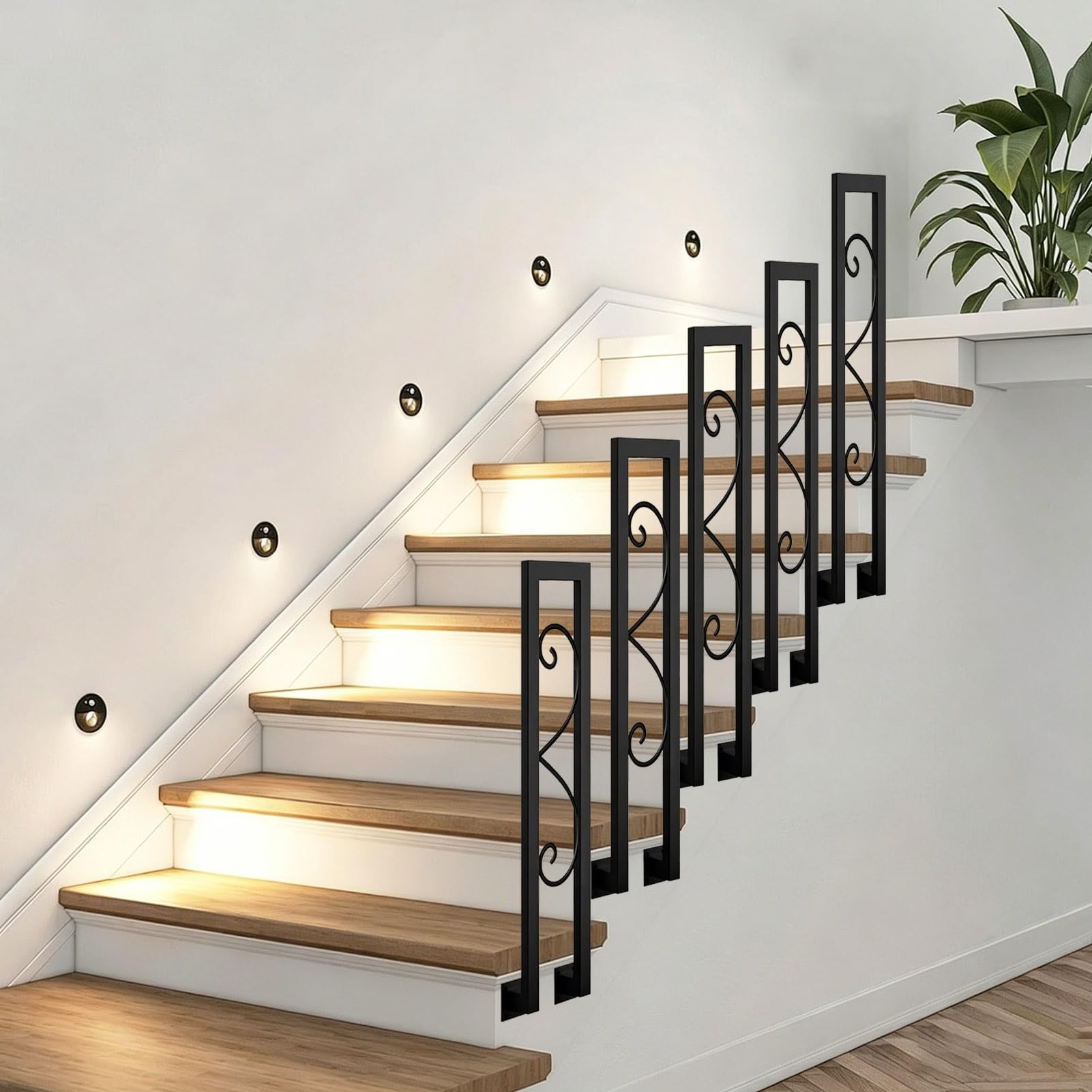 Side Mounted Hand Railing Metal Wrought Iron Handrails for Indoor Stairs Railing Front Porch Loft Villa Garden, Non-Slip Staircase Guardrail Handrail Picket(55cm/22in)
