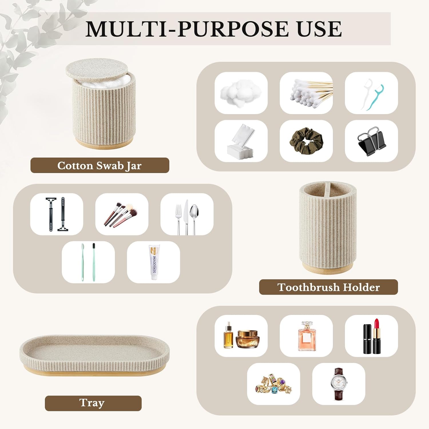 7PCS Bathroom Accessories Set, with Soap Dispenser, Q-tip Holder, Toothbrush Holder, Tumbler, Soap Dish, Vanity Tray, Complete Bathroom Accessory Set Organizer Countertop for Modern Home Decor, Beige - Image 5