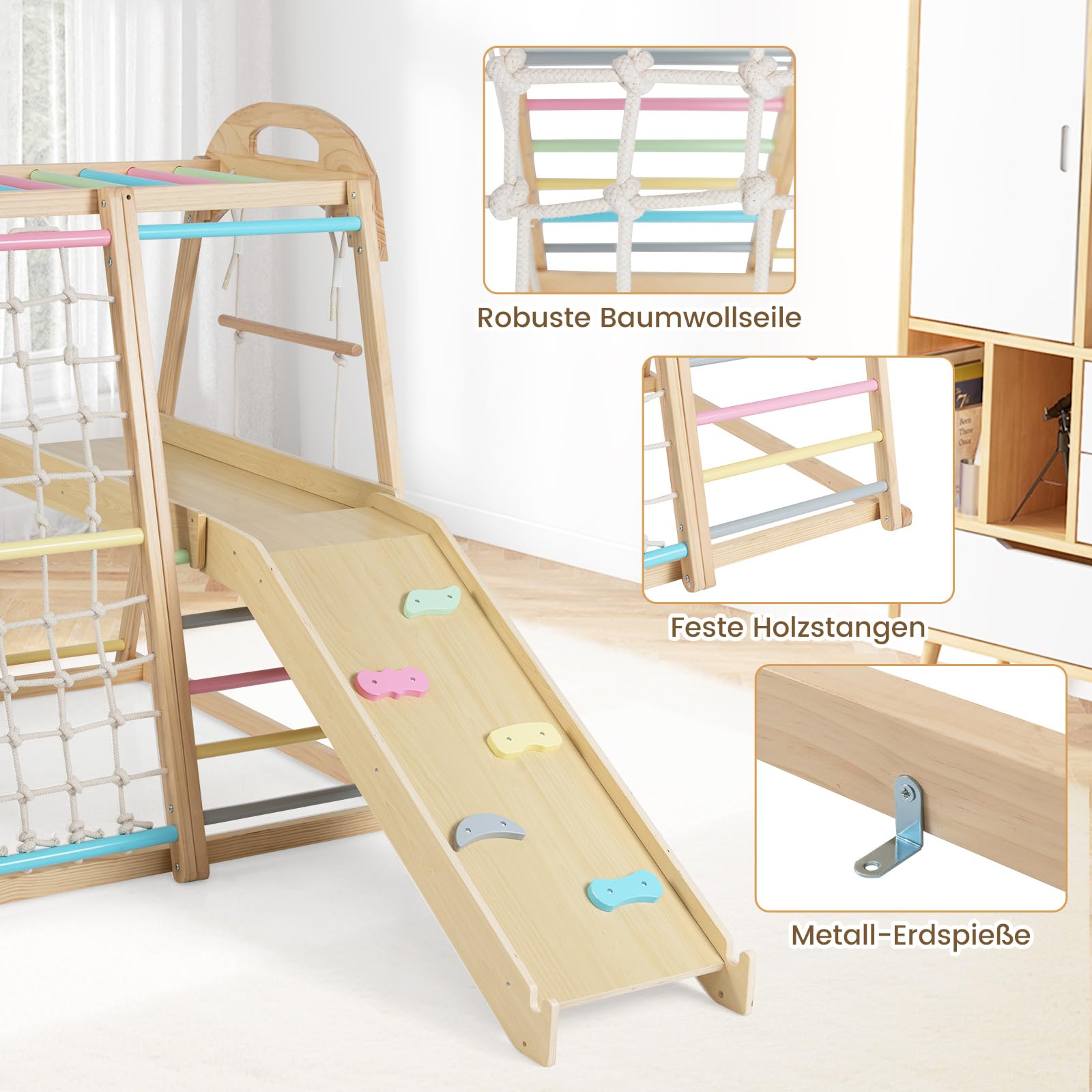 COSTWAY Drewniany plac zabaw dla dzieci, rusztowanie wspinaczkowe 8 w 1, drążek małpy, huśtawka, siatka do wspinaczki, drabina, skała, zjeżdżalnia, platforma