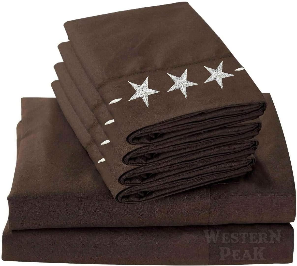 Western Peak Lightweight Microfiber Polyester Bed Sheet 6 Piece Set Embroidery Star Pillow Case (Brown, Queen)