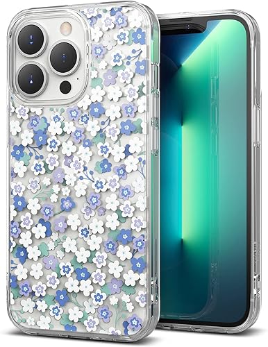 Ringke Fusion Design - Funda compatible con iPhone 13 Pro, parte trasera dura transparente con panel de diseño floral para niñas y mujeres, a prueba