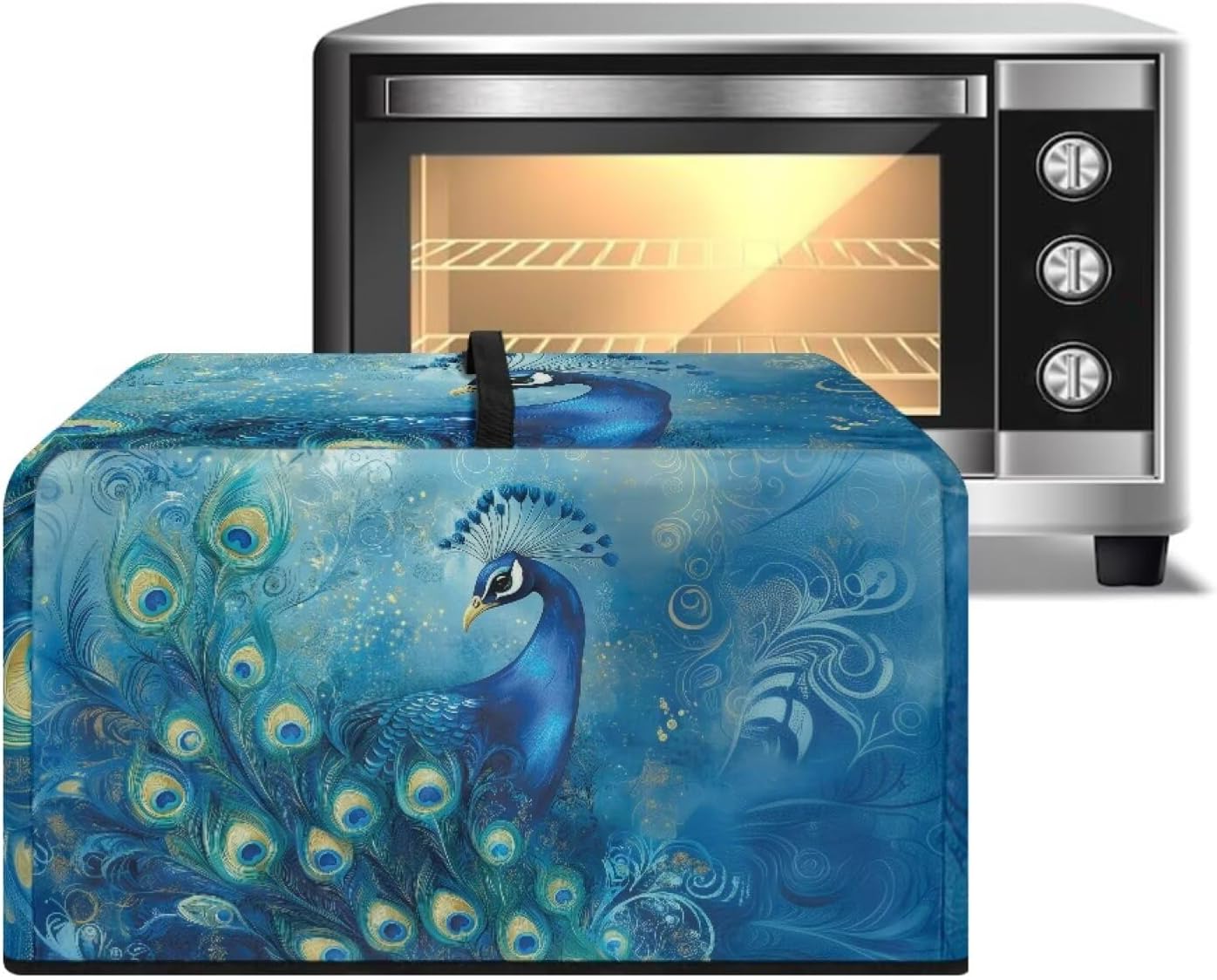 Convection Oven Cover, Dust Proof Smart Microwave Oven Protector for Countertop Decorations, L, 20.9 x 15.7 x 12.4 Inches, Peacock Floral Pattern Blue Green