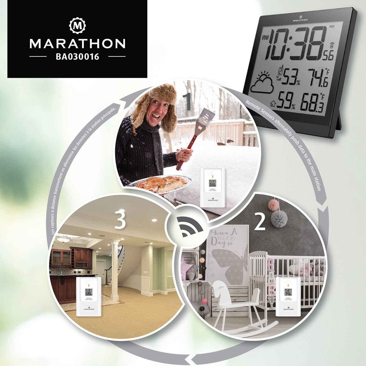 Marathon Estación meteorológica Atomic Home con 3 sensores remotos para interiores y exteriores,Reloj despertador digital,Estación meteorológica inalámbrica,Garantía de 2 años