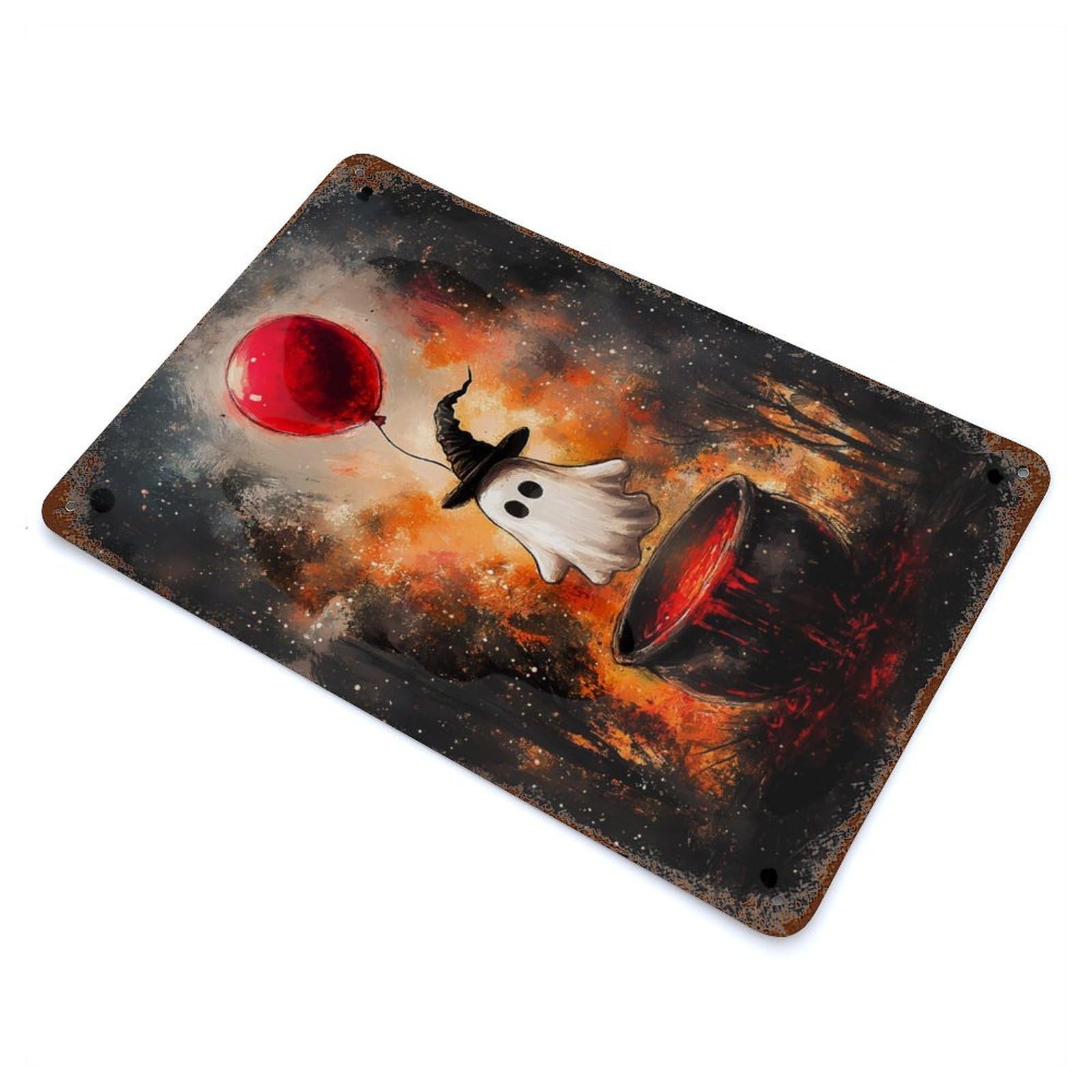 Rust Effect Ghost with Balloon And Cauldron Distressed Metal Wall Sign 11.8"x7.9", Decorative Metal Wall Art for Living Room, Hallway And Home Decor
