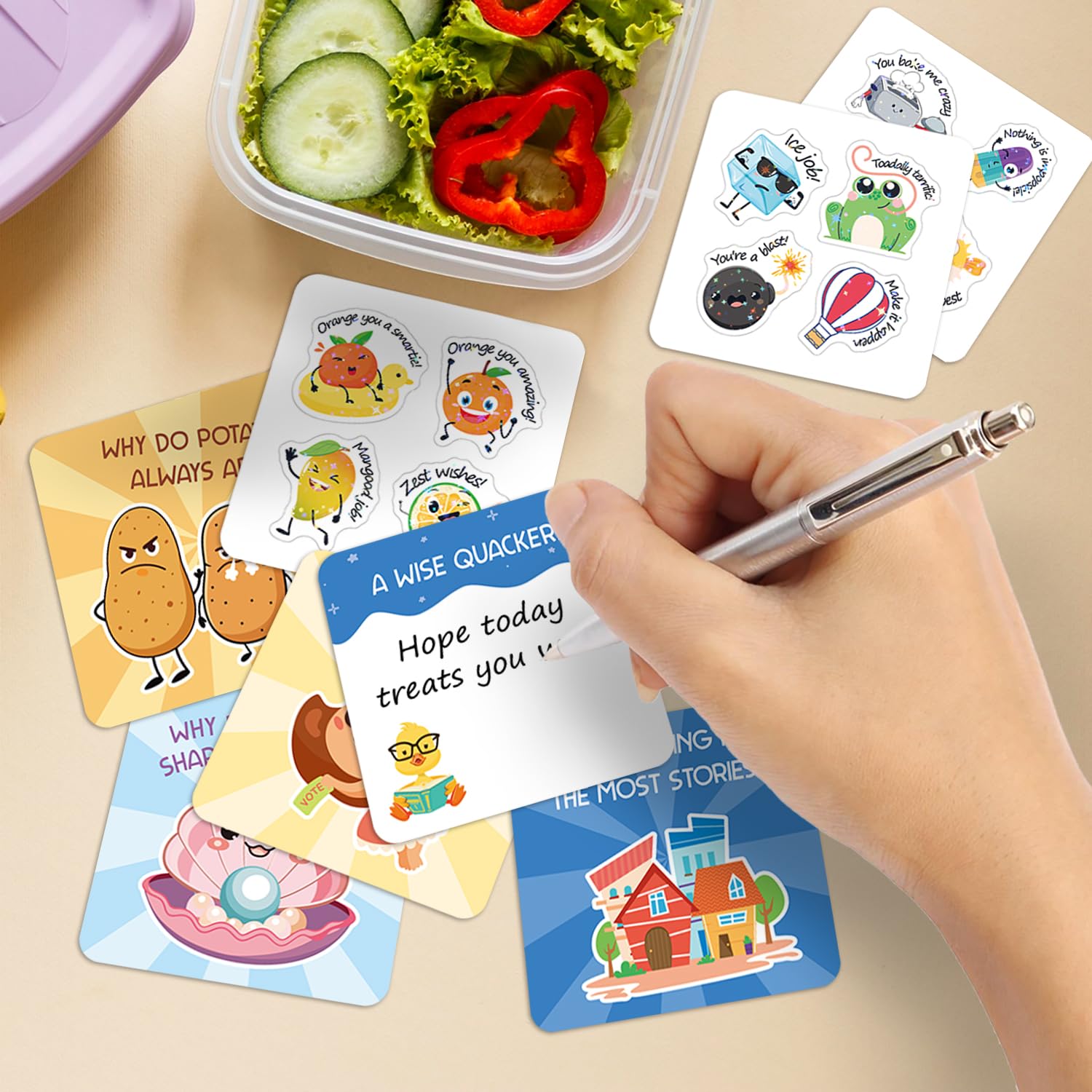 105 tarjetas de broma para niños, lonchera para niños, notas inspiradoras para niños, niñas, estudiantes, notas escolares, tarjetas de bromas con 120 calcomanías de recompensa para profesores