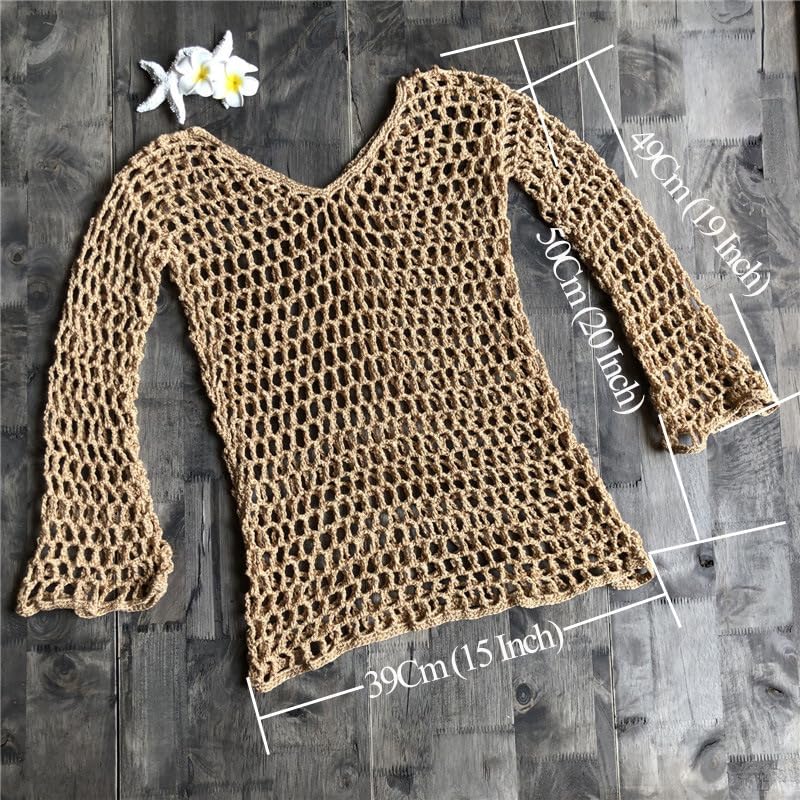 Mermaid Sarong Swimwear Cover Up Beach Hand Crochet Shawl Swimwear Bikini Net Long Sleeve top (SJJ39-Khaki Bikini top) image 5