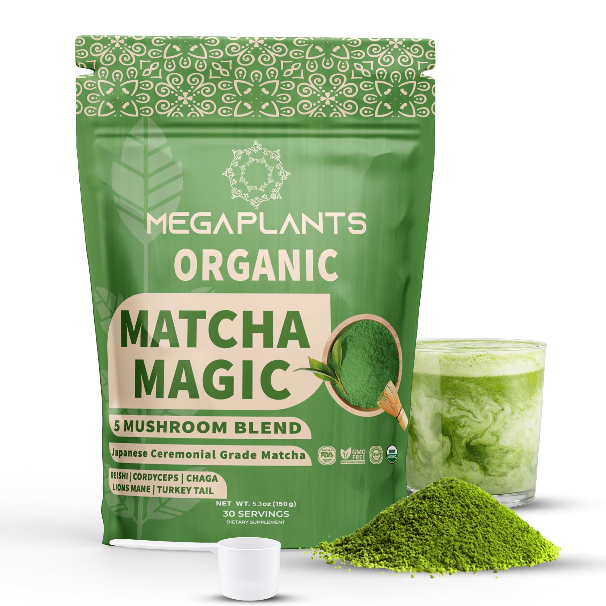 Mushroom Matcha Magic - USDA Organic Ceremonial Grade Japanese Matcha 30 Servings - with Reishi, Lion’s Mane, Chaga, Cordyceps & Turkey Tail – Superfood for Focus & Energy. 5000mgs