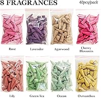 Vista 2 de Conos de incienso, 8 aromas de incienso mixtos (320 conos en total) y un quemador de incienso de cerámica. Cono de aroma natural, para meditación
