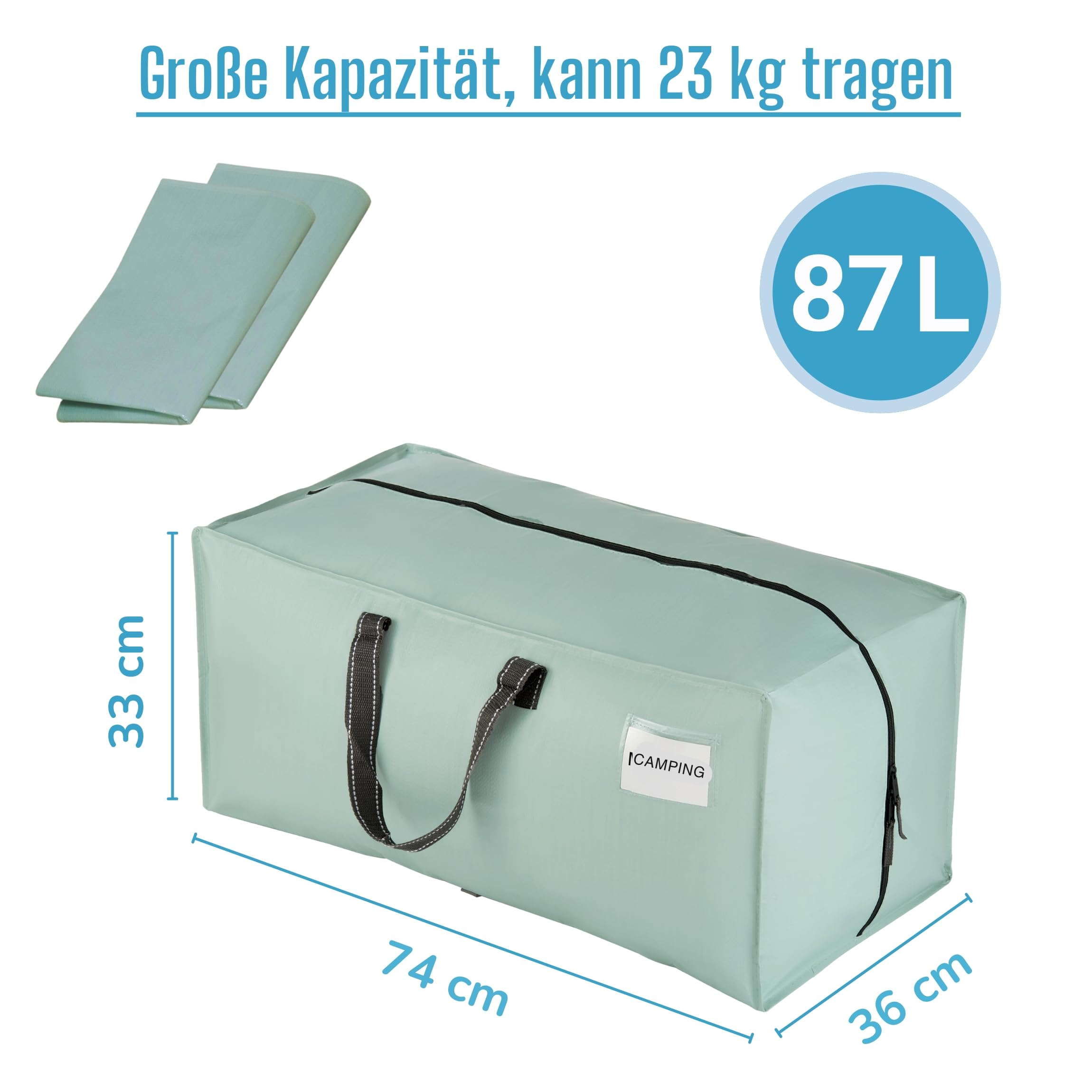 VENO 87 Liter extra große Umzugstaschen mit Rucksackgurten, Umzugshelfer, starke Griffe und Reißverschlüsse, Kleideraufbewahrung, Wäschesäcke, wiederverwendbar und nachhaltig (Hellgrün, 4er-Pack)