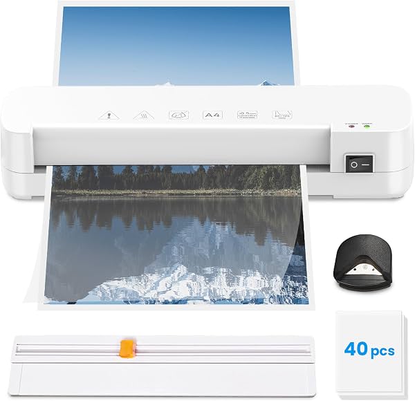Laminadora VUSIGN, laminadora térmica de 9 pulgadas con 40 hojas de laminación, sistema de 2 rodillos, precalentamiento rápido en 3 minutos, laminadora A4 con guillotina y redondeador de esquinas, para hogar oficina escuela