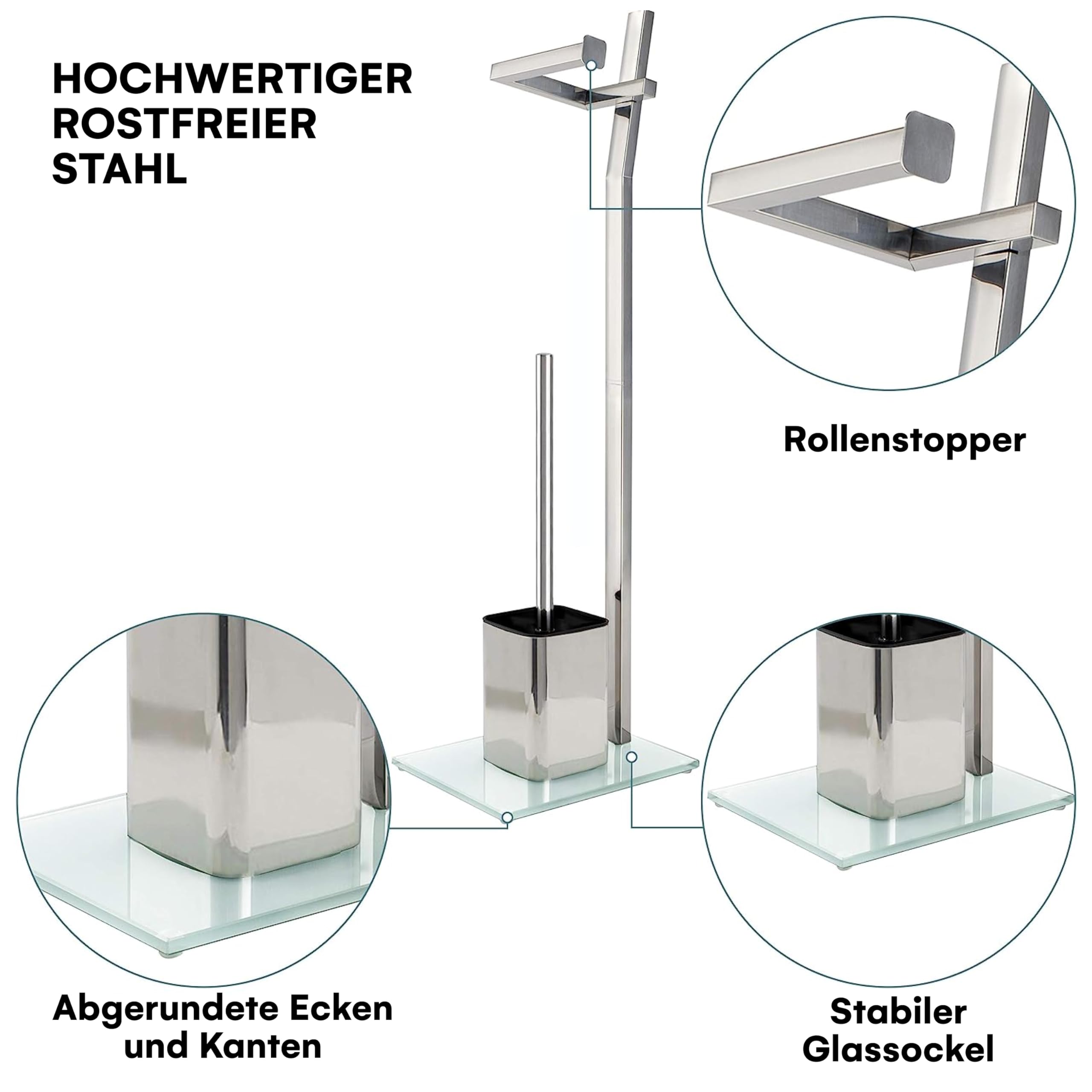 WC-Garnitur - 22 x 18 x 70 cm - Inklusive Klopapierhalter und Toilettenbürste - verchromter Edelstahl - schicker Standfuß aus Glas mit Klobürste - GRATIS: 2 Schwarze Klobürstenköpfe zum Austauschen - 3