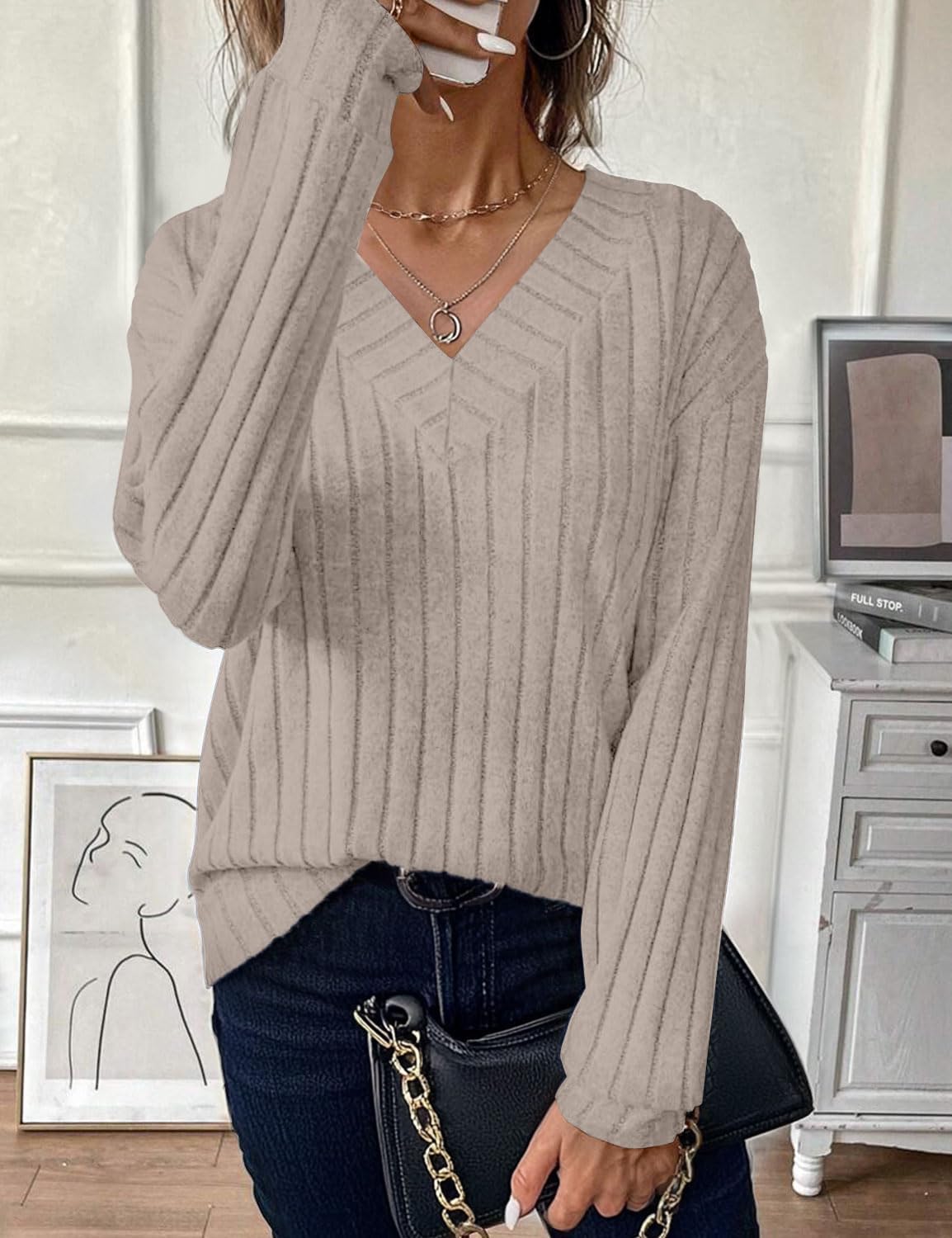JUSTFASHIONNOW Long Sleeve V Neck Shirts for Women Fall Tops Lightweight Sweaters Dressy Casual Tunic Tops 2025 Outfits - Image 2