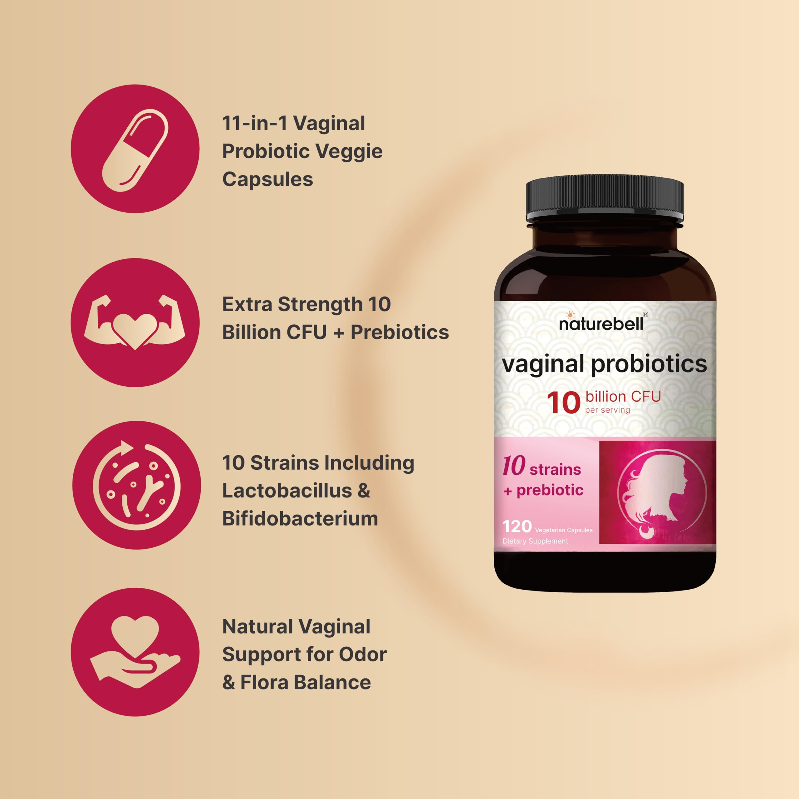 NatureBell Vaginal Probiotics for Women, 10 Billion CFU, 120 Veggie Capsules | PH Balance Probiotics and Prebiotics Blend – Lactobacillus Vaginal Supplement – Supports Odor, Flora & Yeast