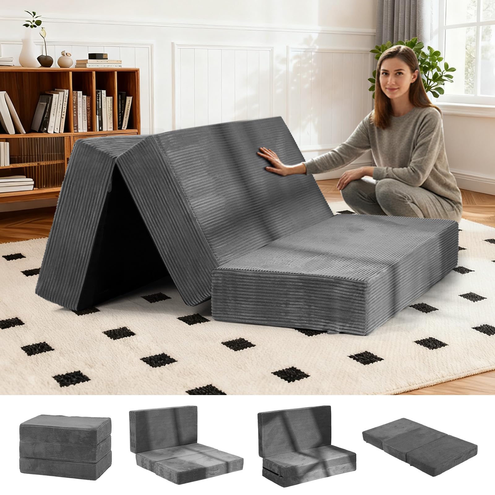 6-Inch Tri-Fold Foldable Mattress, Folding Sofa Bed with Removable Washable Cover, Portable Futon Mattress Full Size Floor Guest Mat with Non-Slip