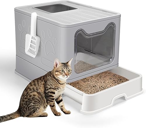 DricRoda Caja de arena plegable para gatos con cuchara y cajón, gran caja de arena desmontable para gatos