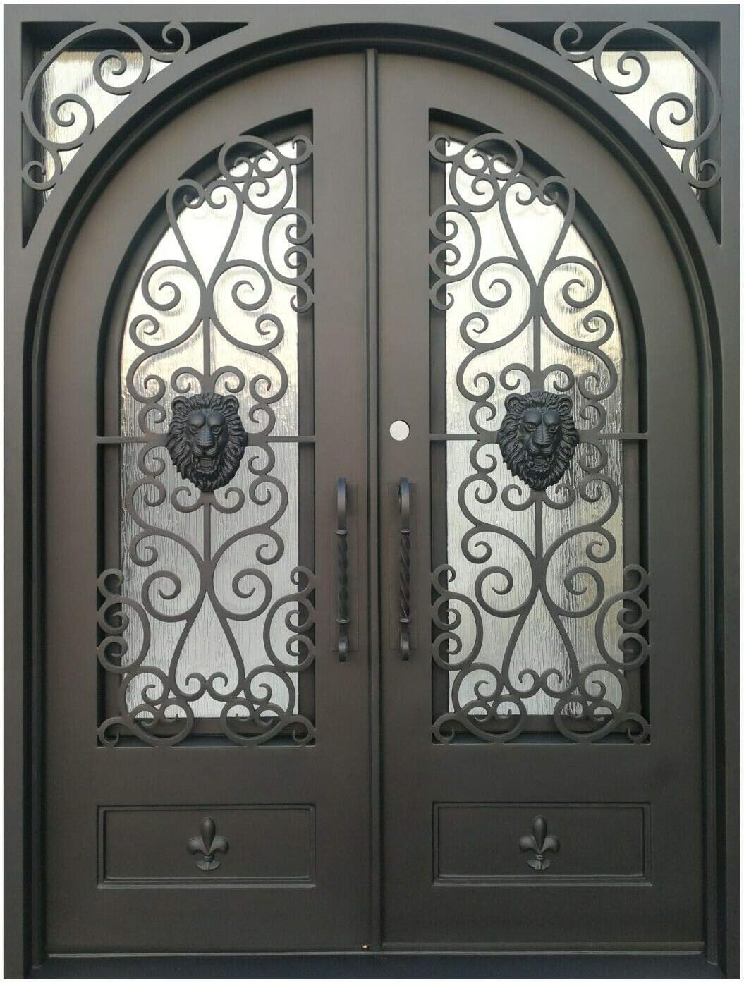Coppell Exterior Double Front Entry Door Wrought Iron with Operable Tempered Rain Glass Inside Swing Dark Bronze Finish (60 by 96 Right Hinge Active)