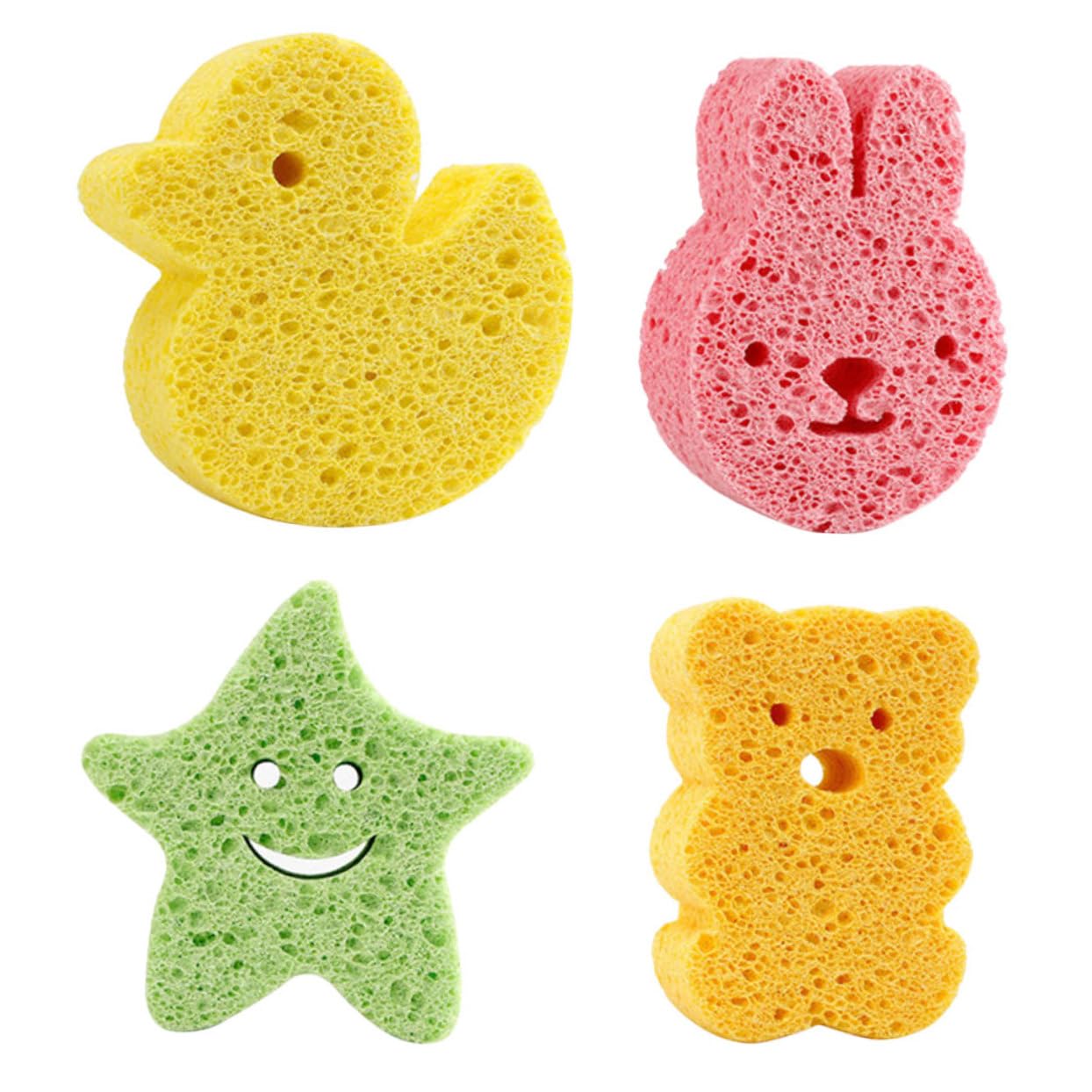 SHERCHPRY 4Pcs Bath Sponge Soft and Gentle Bath Scrubbers for Cute Cartoon Designs Duck Bunny for Daily Bathing and Care