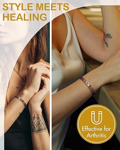 Miniatura 3 de Feraco Pulsera magnética de cobre para hombres y mujeres, elegantes pulseras de cobre sólido 99.99% con imanes fuertes de doble fila, joyería