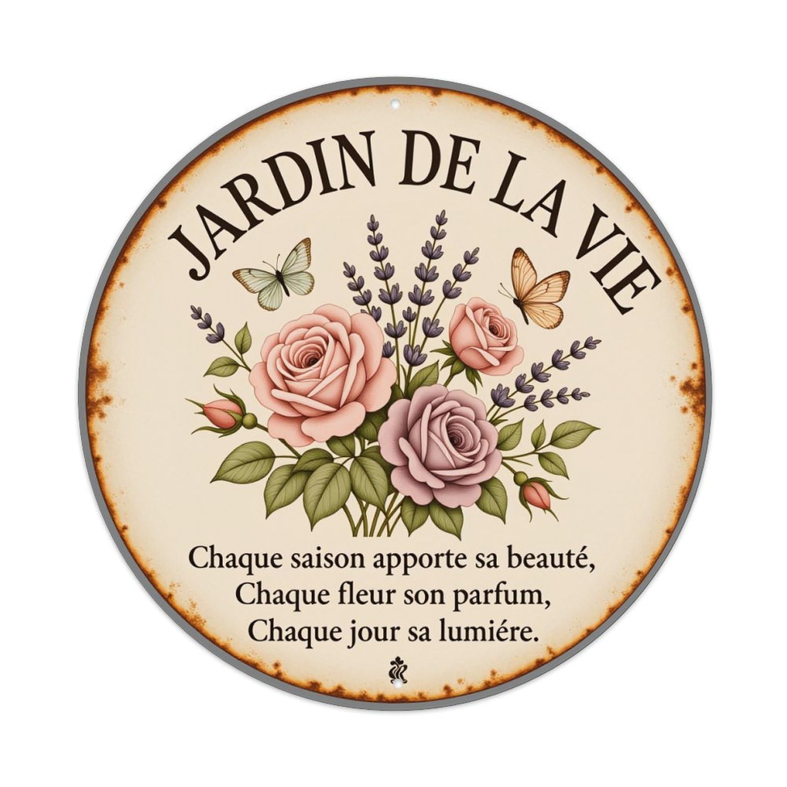 Jardin De La Vie Roses Lavender Butterflies Leaves Metal Tin Sign Vintage Garden Bedroom Cafe Bar Man Cave Home Wall Decor Metal Poster 8x8 inches
