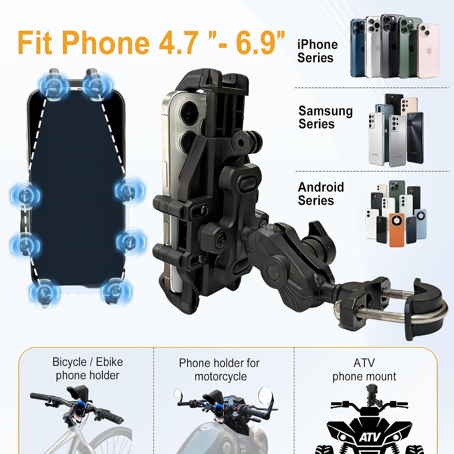 Chikia Anti-Vibration Motorcycle Phone Mount Holder with Sunshade, Adjustable Size Handlebar for ATV Bike Bicycle Scooter Waterproof All Weather Fit 4.7-6.9" Smartphone