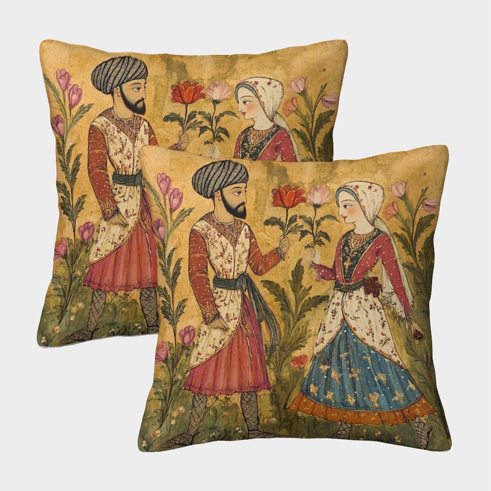 kaiyun 2 Pack Medieval Art Luxury Digital Printed Soft 3D Painting of Turkish Man And Woman Themed Square Cushion Cover 40x40cm