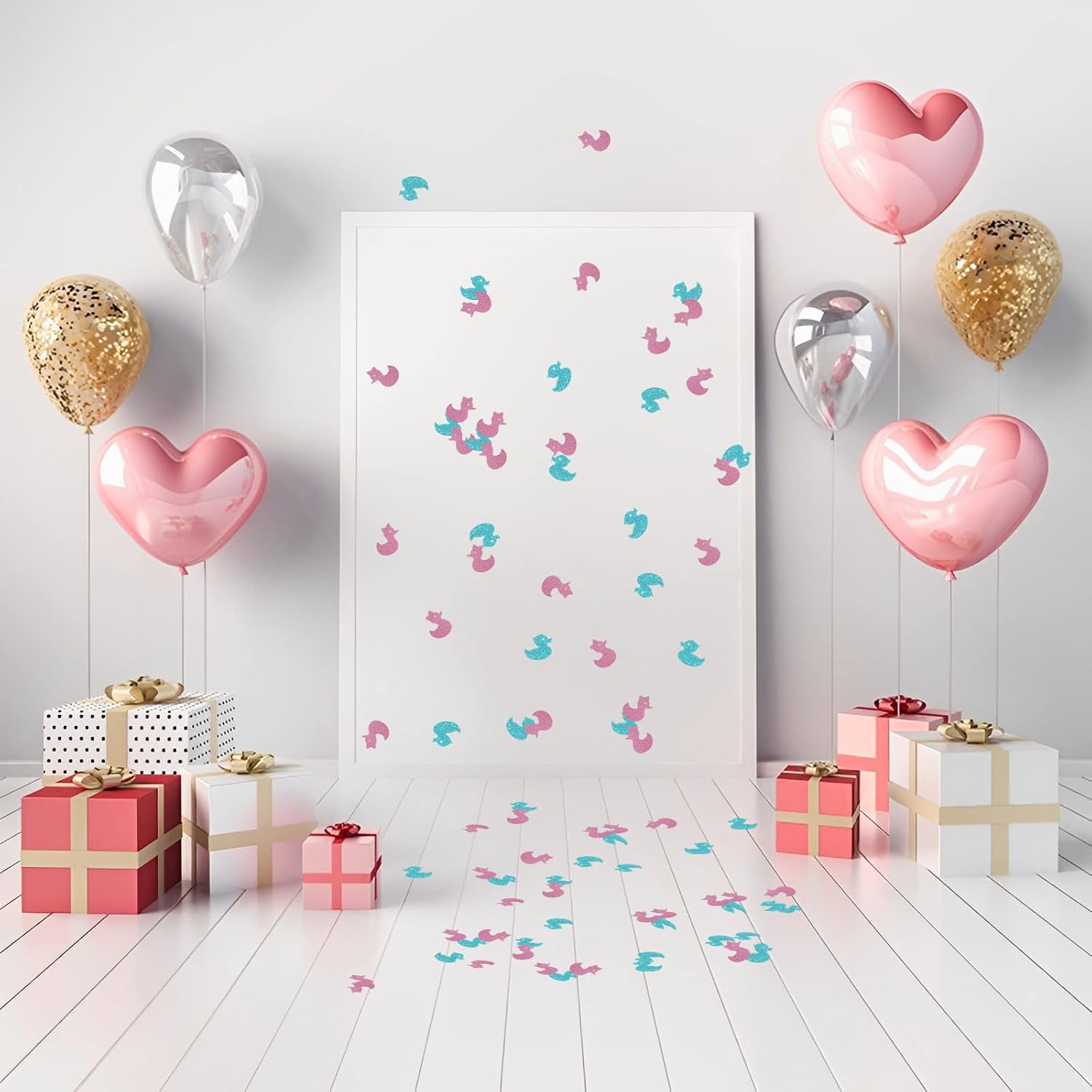 Labakita 100 Pcs Duck Confetti for Tables, Baby Shower Gender Reveal Table Confetti, Waddle It Be Boy or Girl Party Decorations (Blue and Pink Glitter)