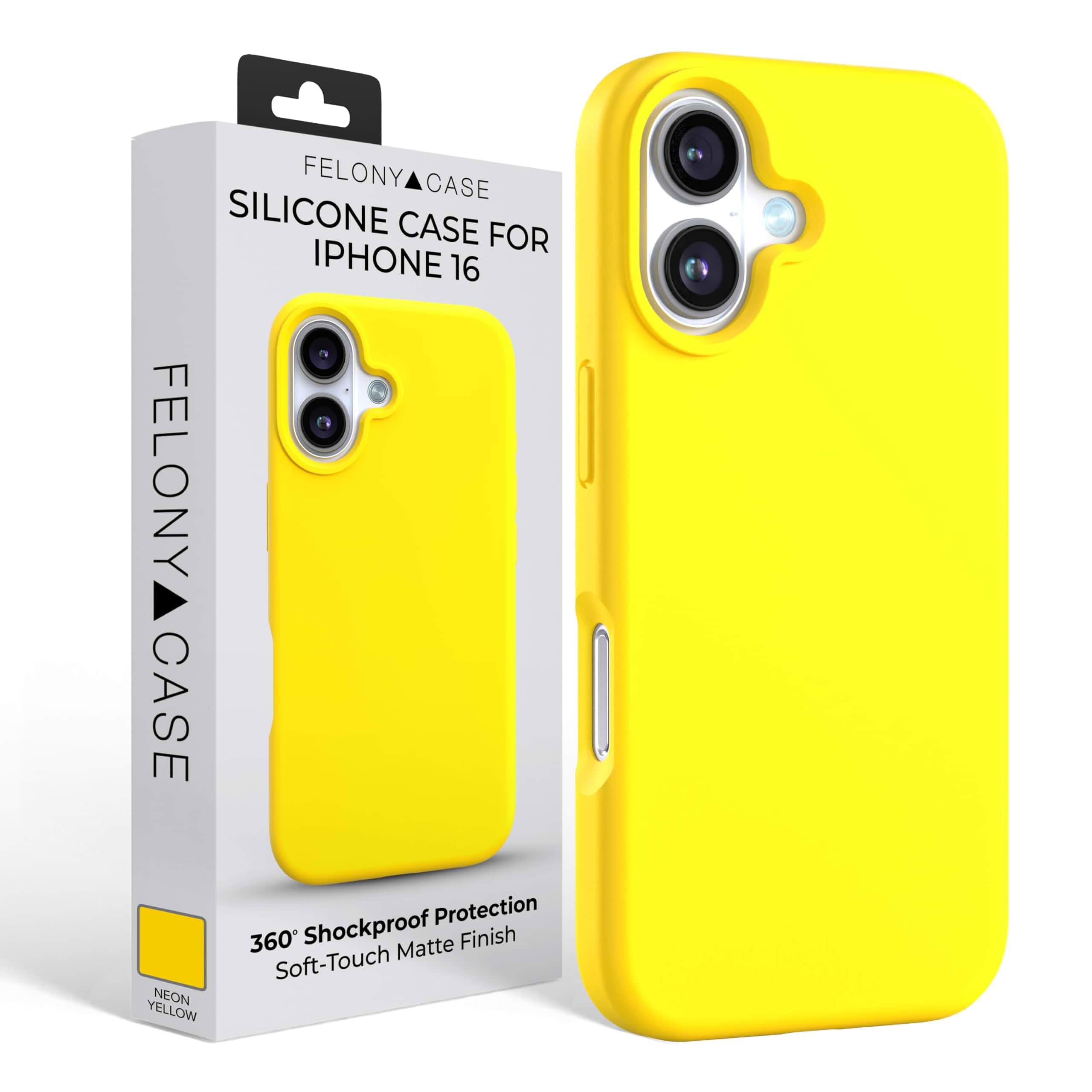 FELONY CASE for iPhone 16 Silicone Case, 360° Protection, Neon Yellow Liquid Silicone Exterior, Microfiber Lining, Non-Slip Grip, Shock Protection, Anti-Scratch Interior, Vivid Colors