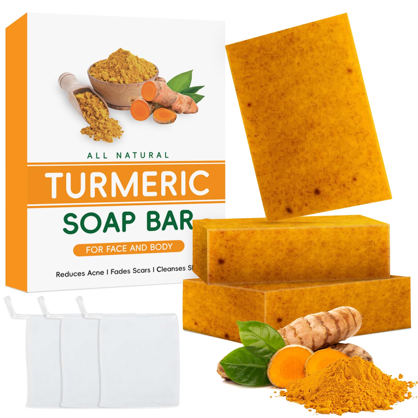 3PCS Turmeric Soap Bar, Kojic Acid Soap, Natural Handmade Bar for Body & Face