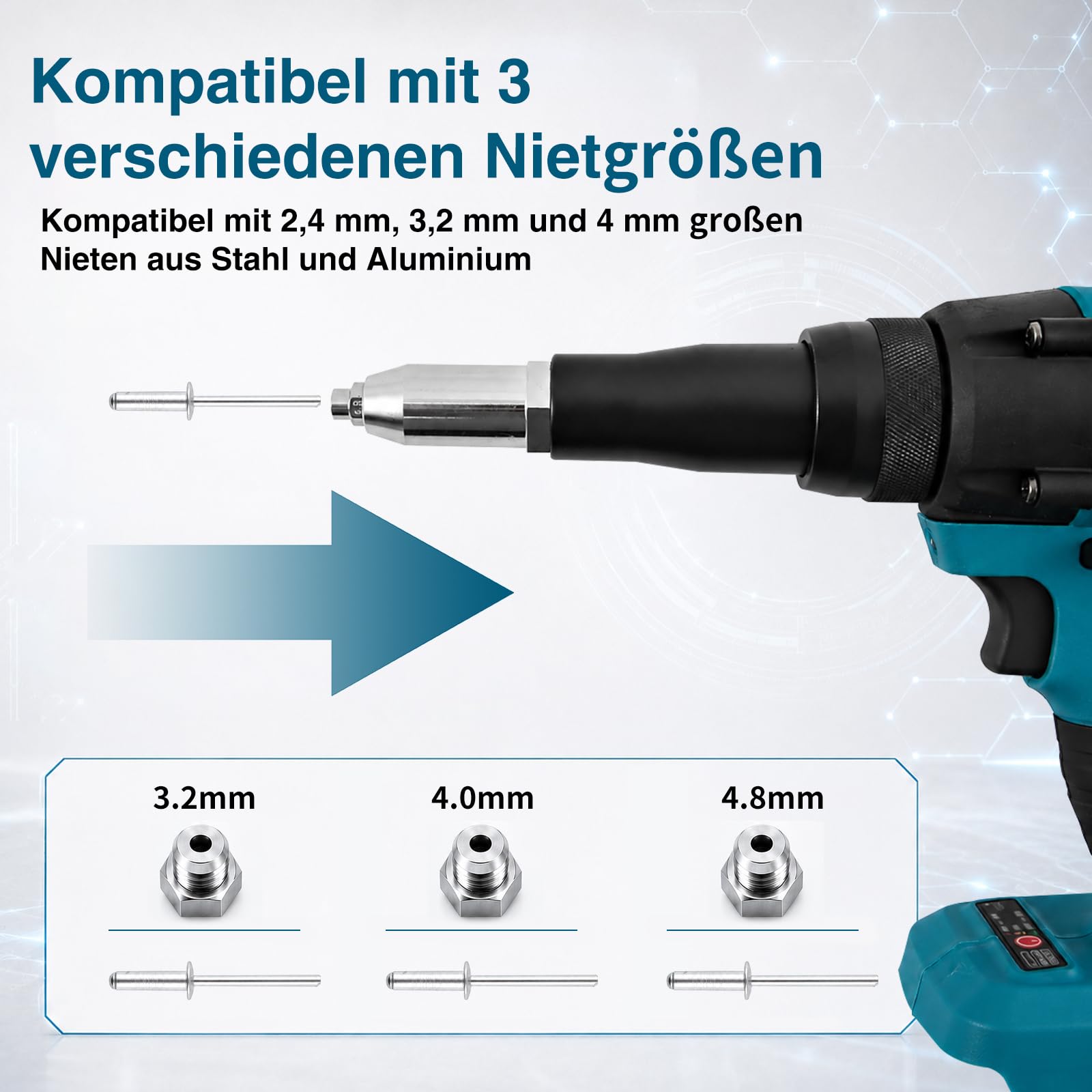 Akku Nietzange für Makita 21V Akku, 50000N Bürstenlose Blindnietzange, Automatischer Elektrische Popnietenzange, Mit 3.2/4.0/4.8mm Adaptern(ohne Batterien)
