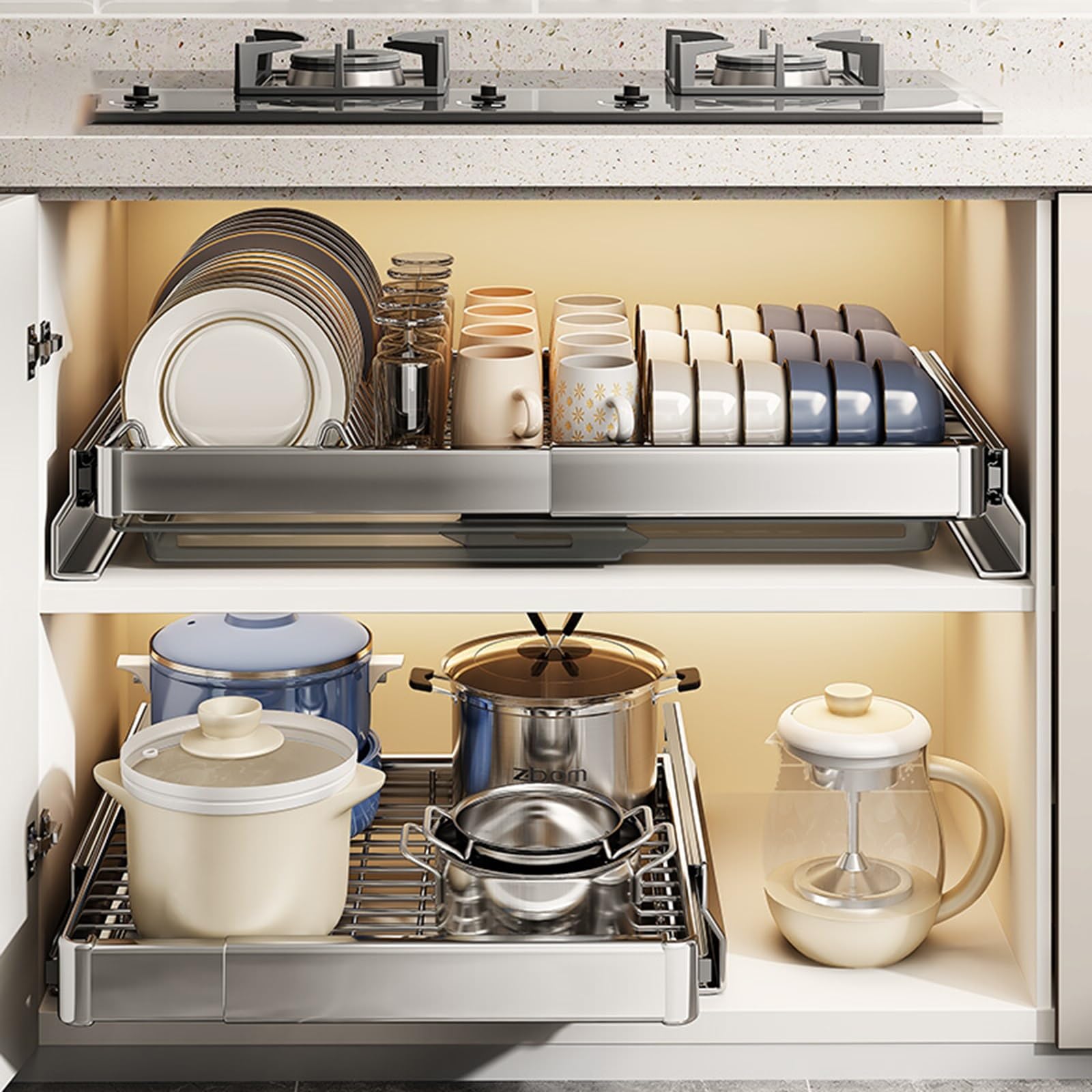 Scaffali estraibili espandibili per cucina, dispensa, bagno, cassetti estraibili, con funzione di srotolamento