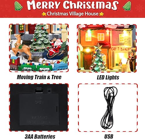 Miniatura 3 de Juego de pueblo de Navidad de 9 pulgadas, tren de árbol de Navidad animado en movimiento, baterías USB/3AA, casa de pueblo de música, decoración
