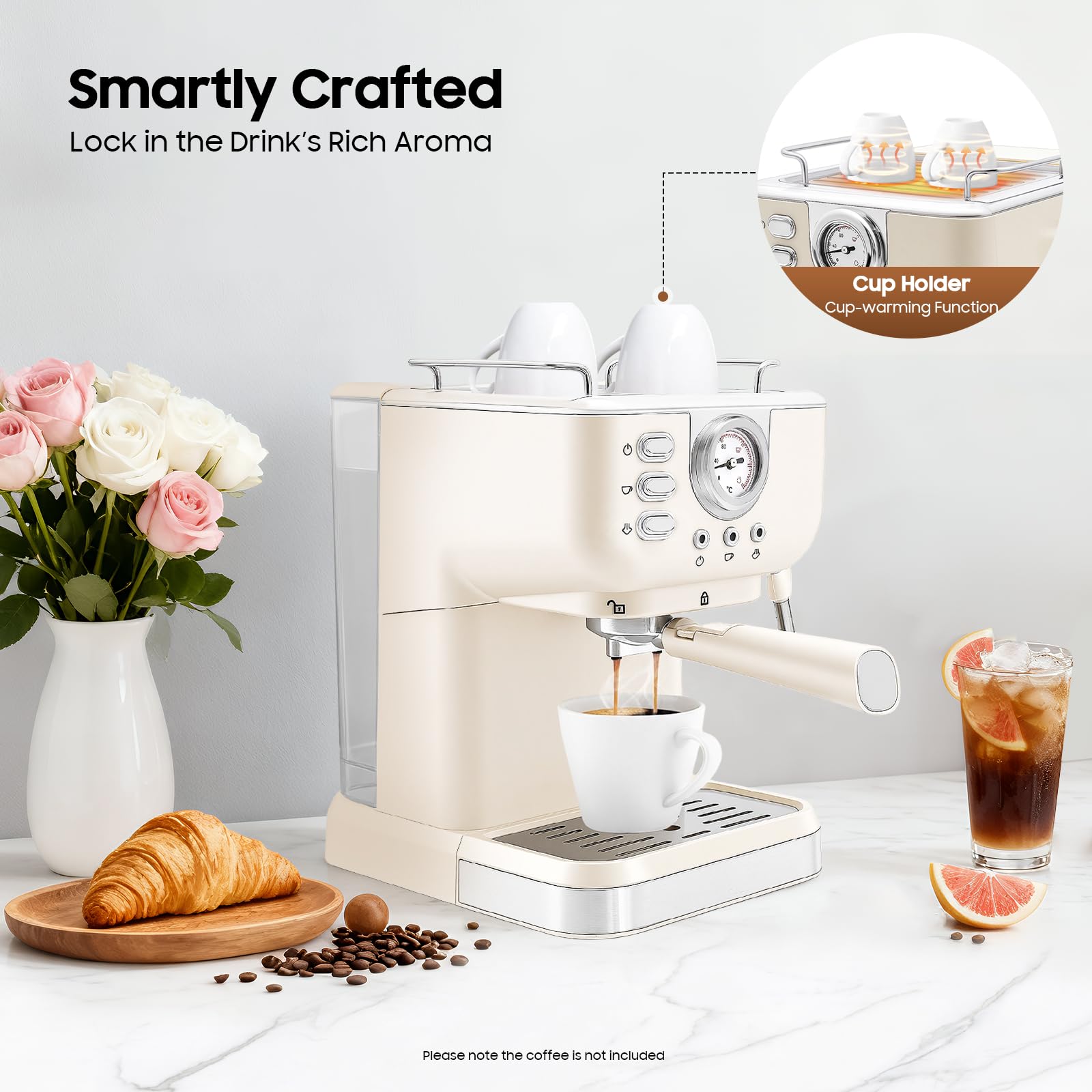 Macchina da caffè espresso semiautomatica da 1050 W, con montalatte, compatta, per caffè espresso e tostapane, 20 bar, serbatoio dell'acqua da 1,5 l