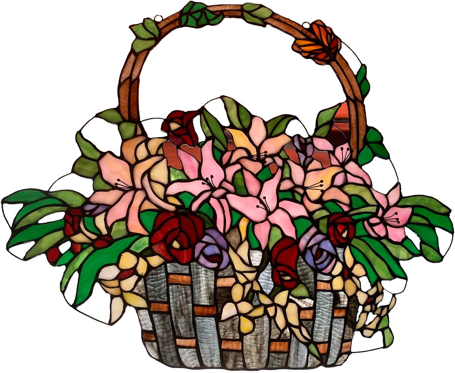 Bieye W10037 Lily and Rose Flower Gaily Decorated Basket Tiffany Style Stained Glass Window Panel with Chain, 24" W x 20" H