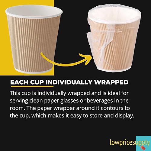 Miniatura 5 de Paquete de 50 vasos de papel caliente de papel de estraza de 10 onzas envueltas individualmente, con pared ondulada, de alta calidad, desechables,