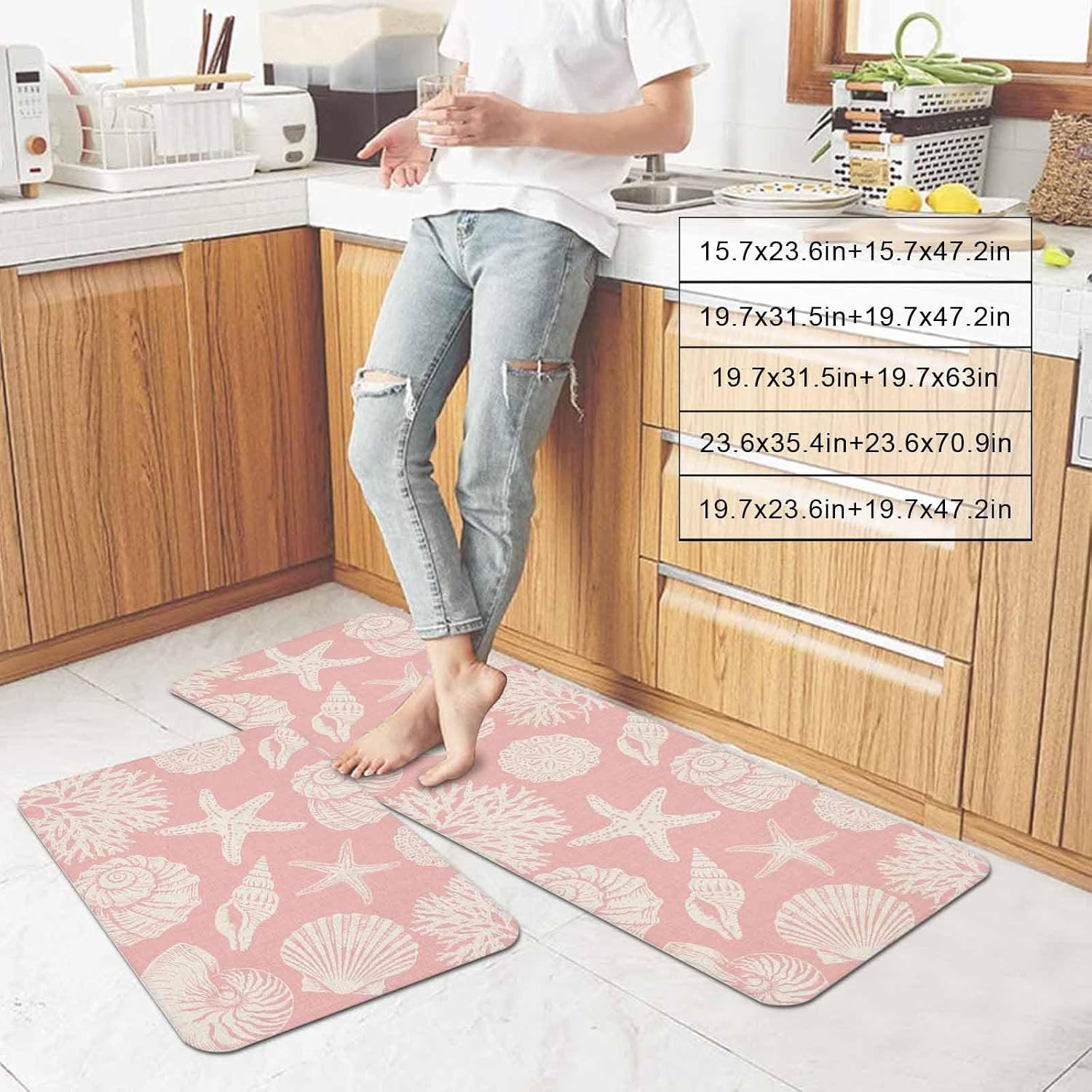 Summer Marine Life Kitchen Mats Set of 2 Graffiti Corals Shell Conch Sea Starfish Pink Non Slip Mat Washable Floor Rug for Kitchen Sink Floor Laundry, 20"x24"+20"x48"