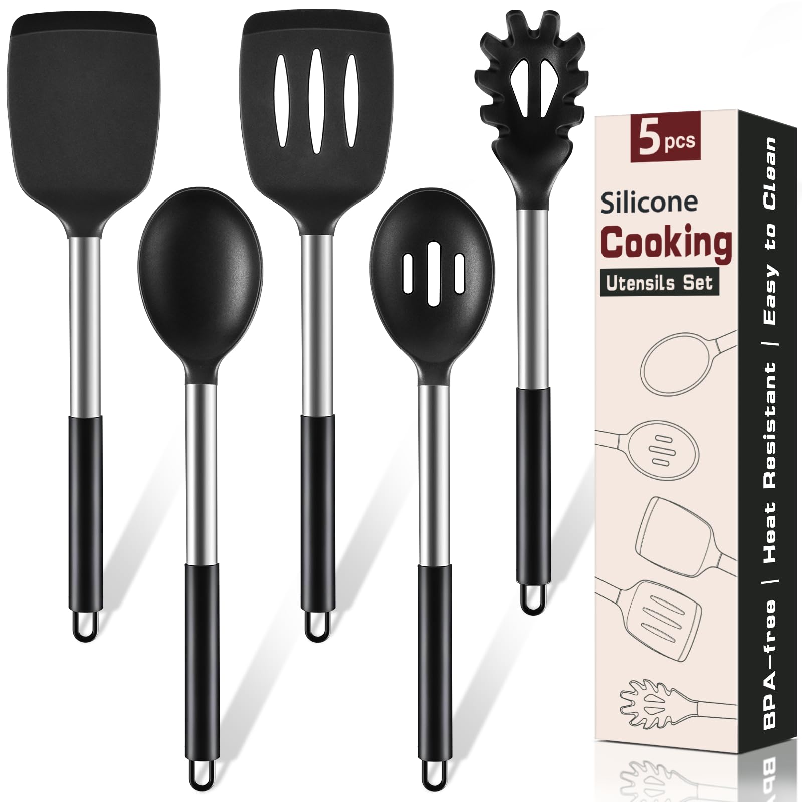 Photo 1 of ** one is missing**5Pcs Silicone Cooking Utensils Set, Heat Resistant Kitchen Tools Include Solid&Slotted Spatula, Cooking Spoon and Pasta Server, Silicone Kitchen Utensils set for Nonstick Cookware Flipping, Black