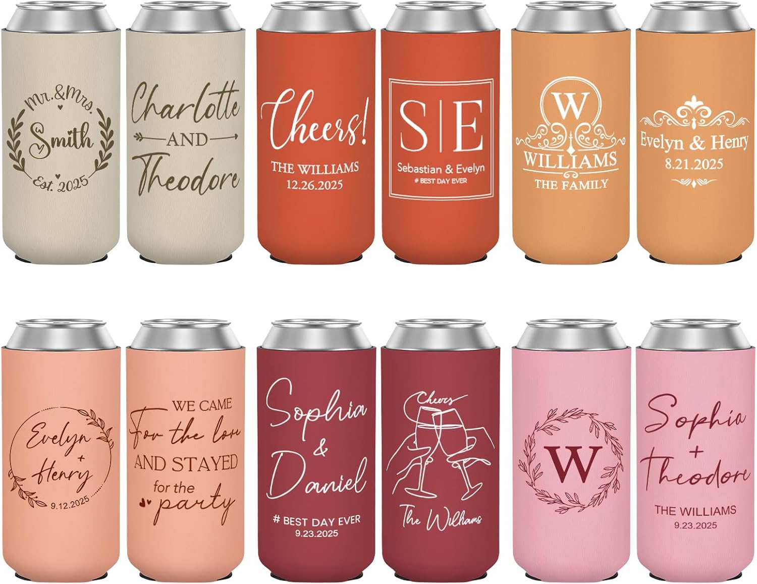 Custom Wedding Can Coolers for Guests Bulk, 100 Pack Personalized Multi-color Can Sleeves with Names Dates Quotes Monogram, Insulated Drink Holder for Wedding Engagement Party Favors, 12 oz Slim