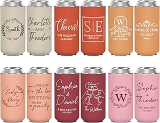 Custom Wedding Can Coolers for Guests Bulk, 20 Pack Personalized Multi-color Can Sleeves with Names Dates Quotes Monogram, Insulated Drink Holder for Wedding Engagement Party Favors, 12 oz Slim