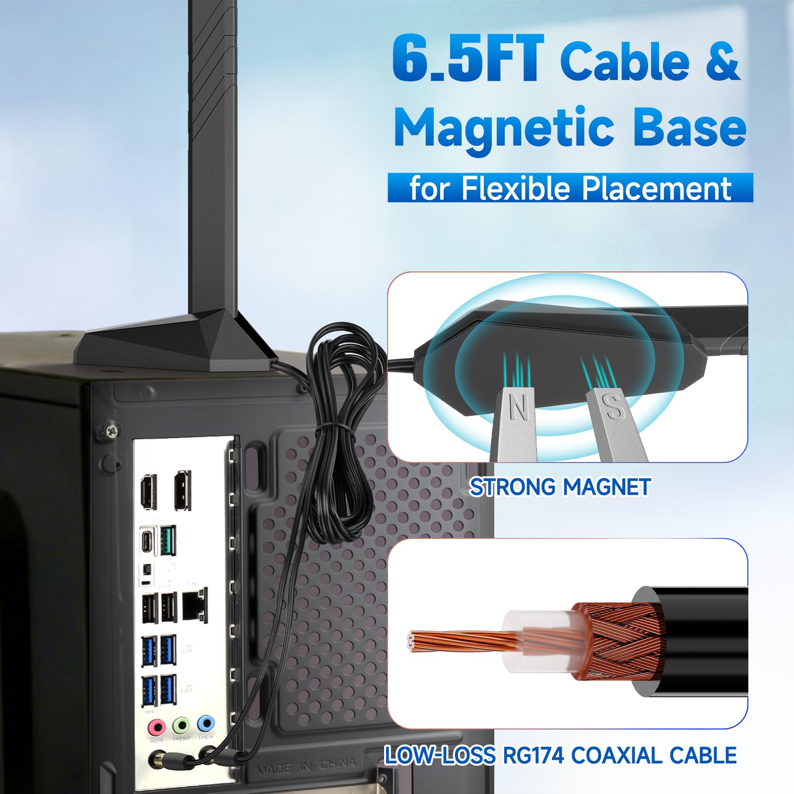 Eightwood Antenne de carte mère WiFi 7 Gaming PC avec base magnétique triple bande avec connecteur poussoir pour cartes mères ASUS ROG Strix, TUF Gaming, ROG Crosshair, ProArt, Prime Series WiFi 7