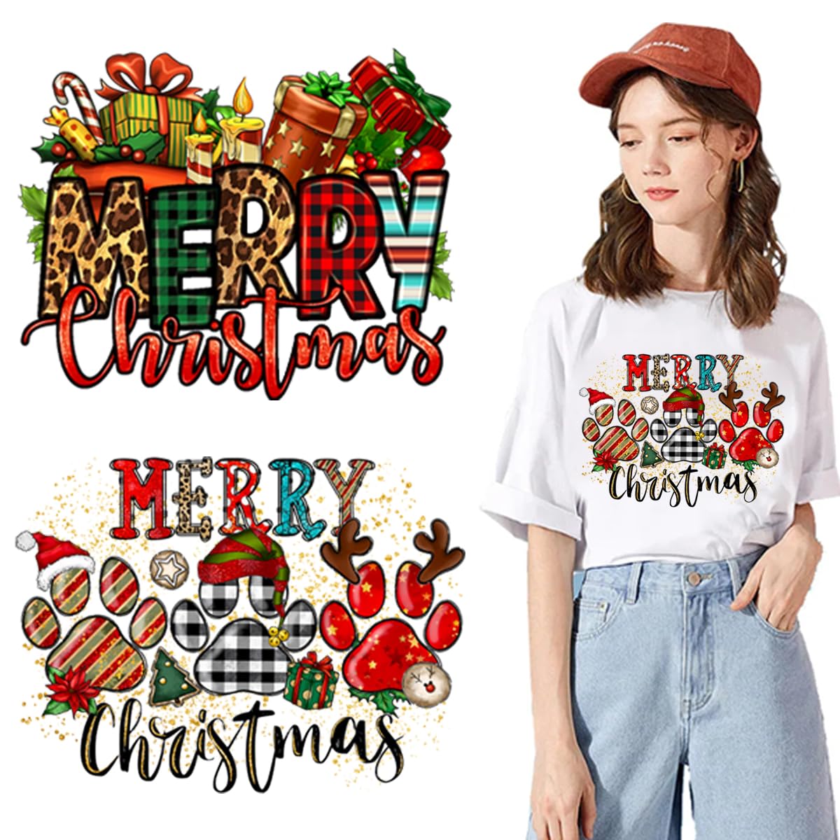 2 Sheets Christmas Iron On Transfers Christmas Iron on Decals Patches for Clothing Funny Design Season Heat Transfer Stickers for T-Shirts New Year Holiday Clothes DIY Applique Decor